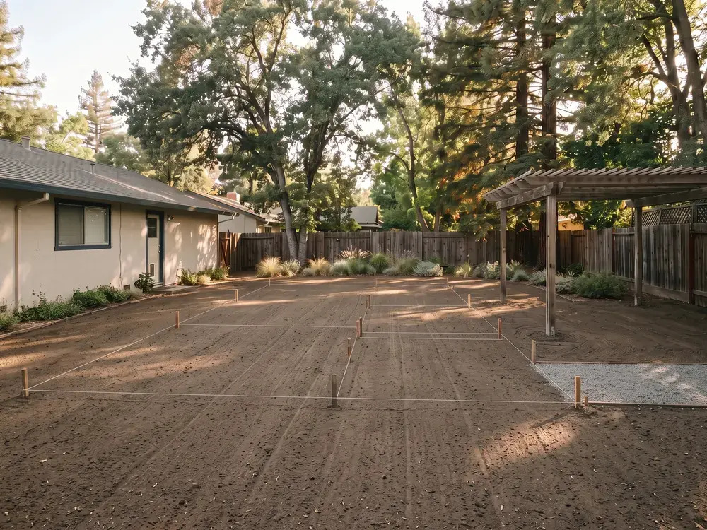 Illustrative concept image, not a customer project: the same backyard as a cleared, compacted building pad with survey stakes and string lines.