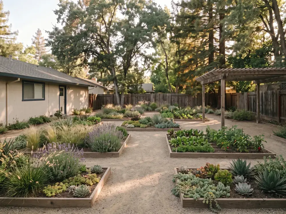 Illustrative concept image, not a customer project: the same backyard with drought-aware raised garden beds and gravel paths in the former pool area.