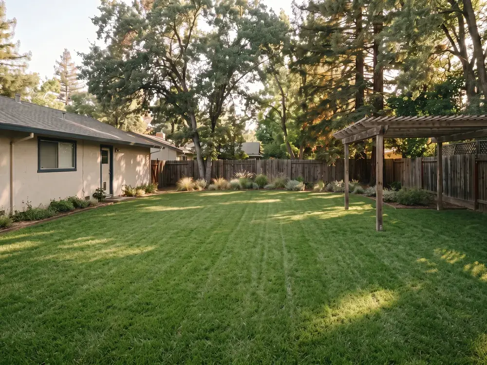 Illustrative concept image, not a customer project: a Sacramento backyard where a pool used to be, now an open level lawn.