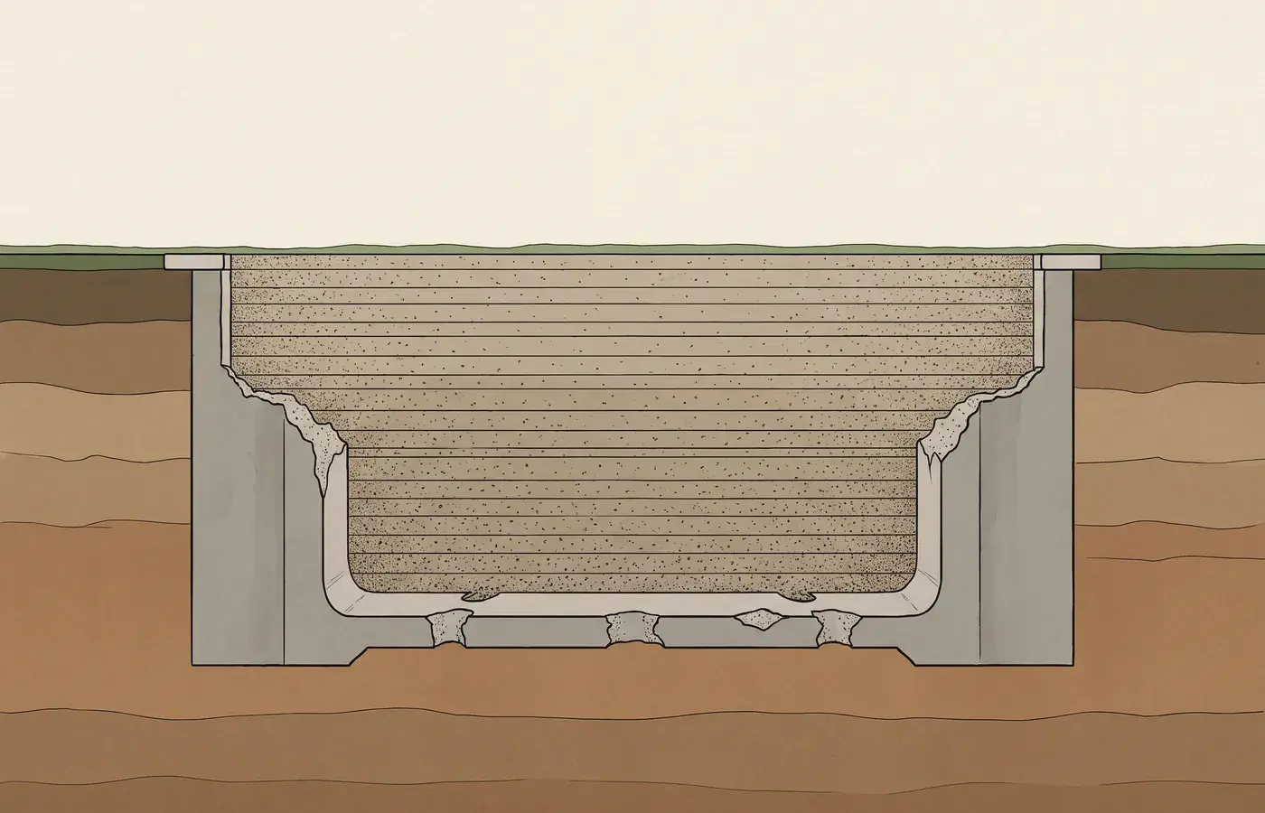 Illustrative cutaway illustration: the upper portion of a pool shell removed, drainage openings broken through the remaining base, and approved fill placed and compacted in lifts up to a finished lawn surface.